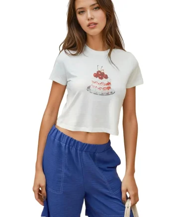 Tricou dama  scurt, imprimat, Rosu