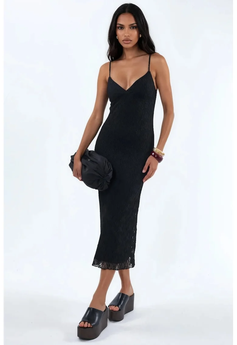 Rochie midi,  mulata, decolteu in V, neagra, dantela, poliester