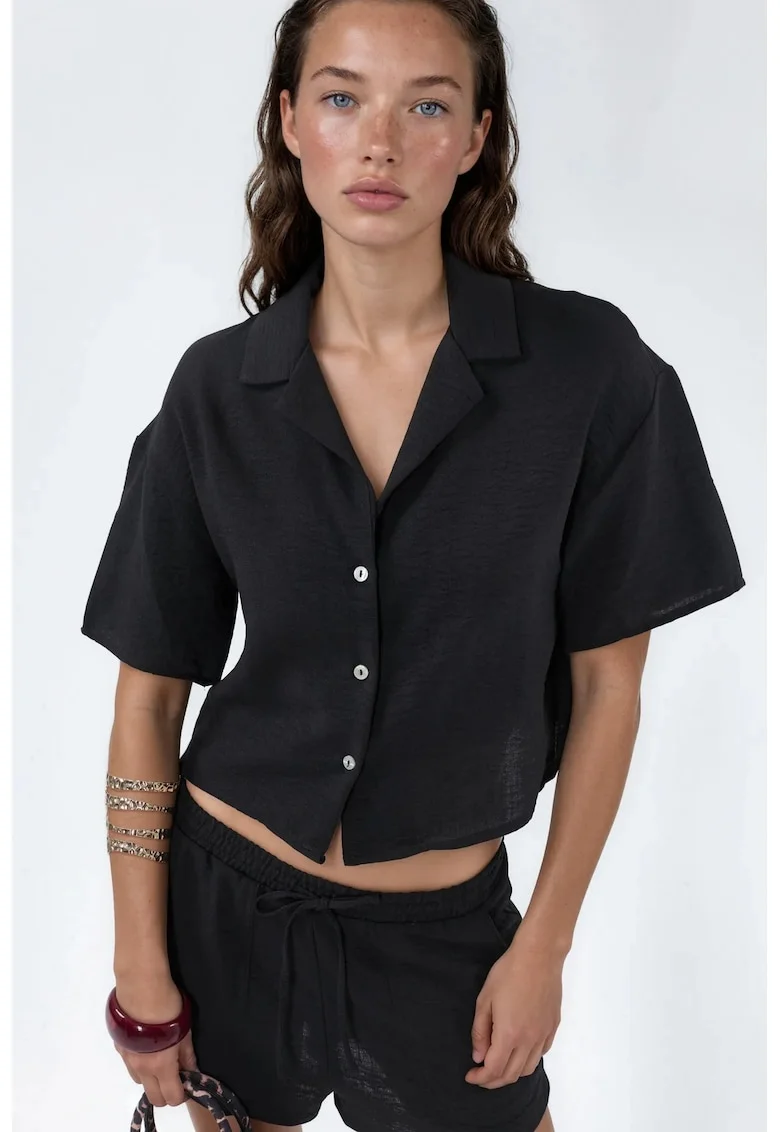 Camasi dama,  camasa scurta, casual, negru, poliester