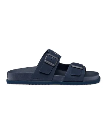 Papuci din piele intoarsa cu catarame, Bleumarin