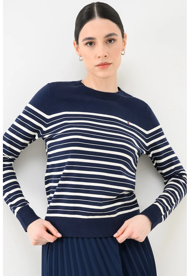Pulover tricotat fin cu logo discret, Alb/Bleumarin