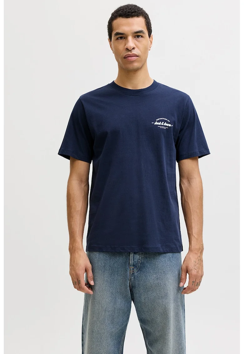 Tricou de bumbac cu decolteu la baza gatului si imprimeu logo discret, Bleumarin