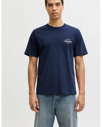 Tricou de bumbac cu decolteu la baza gatului si imprimeu logo discret, Bleumarin