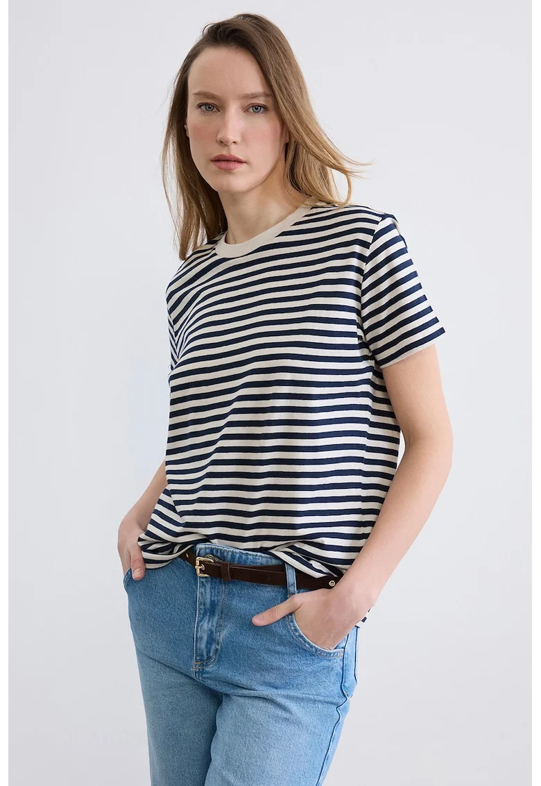 Tricou de bumbac cu dungi, Alb fildes/Bleumarin