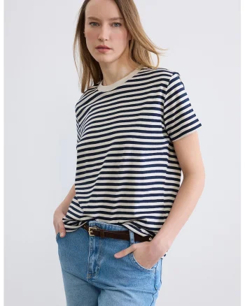 Tricou de bumbac cu dungi, Alb fildes/Bleumarin