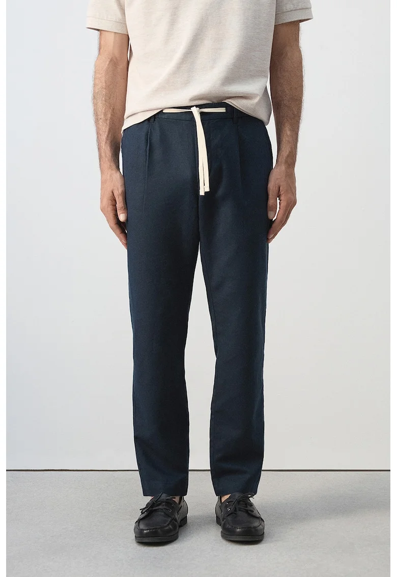 Pantaloni uni de bumbac si in, Bleumarin