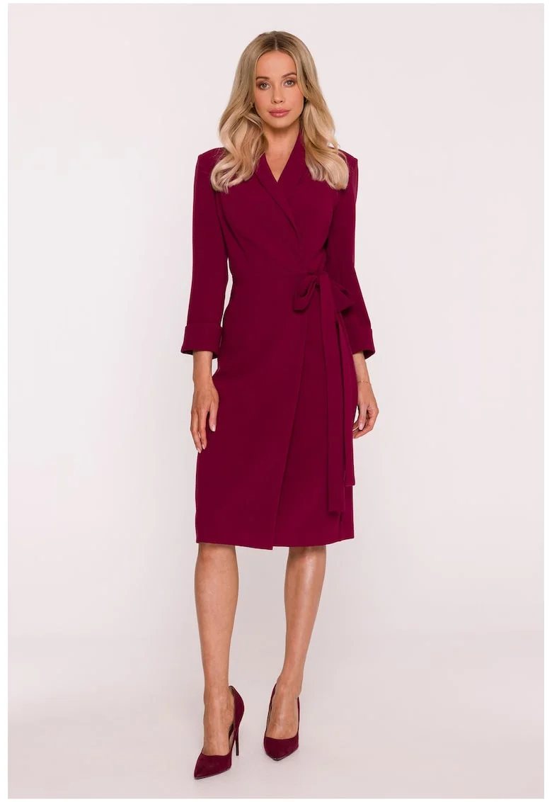 Rochie Midi, S415 bordo Decolteu in V, Guler Sal, Maneci 7/8, Legatura in talie, Material neted cu finisaj moale, Partial captusita, Stil infasurat, Visiniu