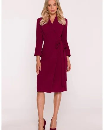 Rochie Midi, S415 bordo Decolteu in V, Guler Sal, Maneci 7/8, Legatura in talie, Material neted cu finisaj moale, Partial captusita, Stil infasurat, Visiniu