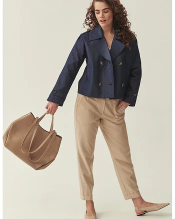 Pantaloni conici din amestec de lyoccell cu talie elastica, Bej sampanie