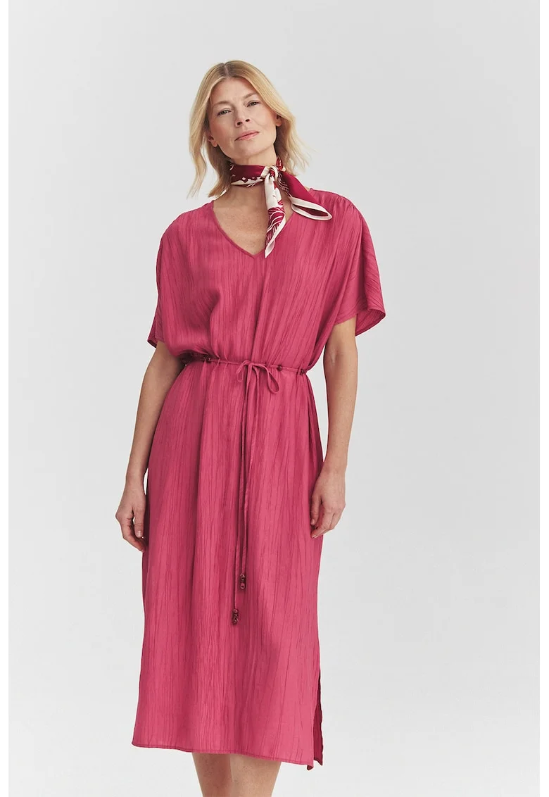 Rochie midi cu decolteu in V si snur de ajustare in talie, Roz zmeuriu