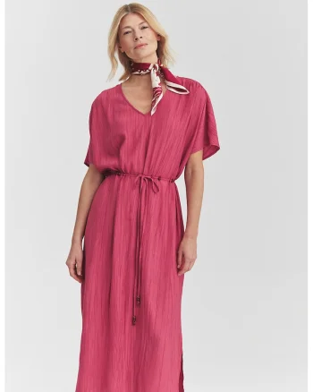 Rochie midi cu decolteu in V si snur de ajustare in talie, Roz zmeuriu