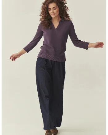 Pulover din amestec de in si lyocell, Violet aubergine