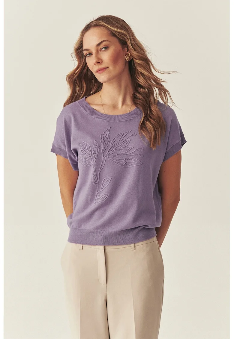 Bluza tricotat din cu maneci scurte si broderie, Lila