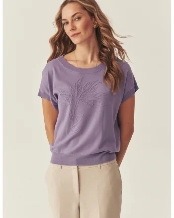 Bluza tricotat din cu maneci scurte si broderie, Lila