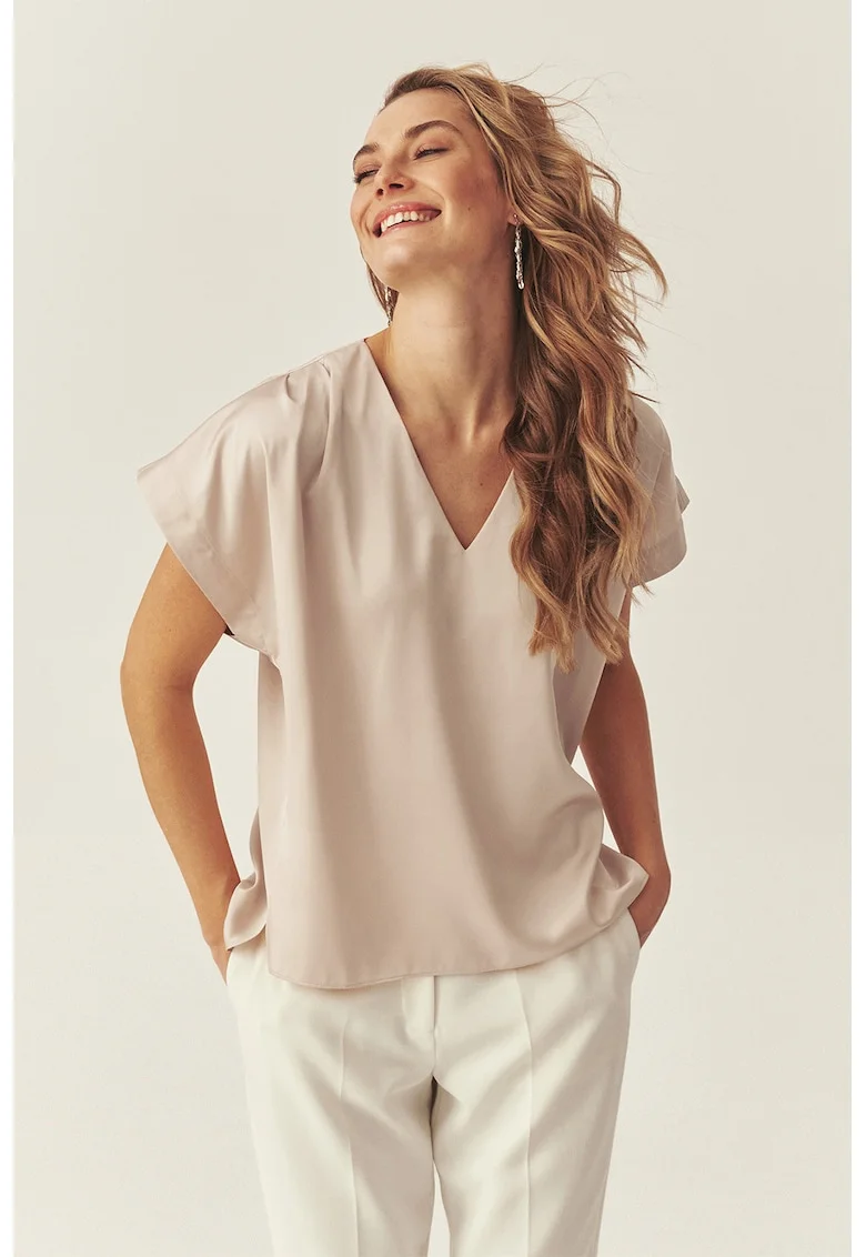 Bluza de satin lejera cu decolteu in V Narie, Bej sampanie