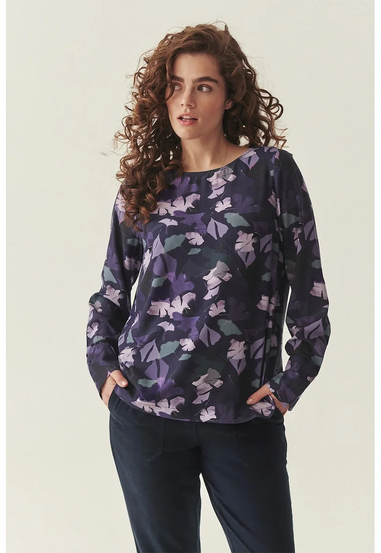 Bluza cu imprimeu si decolteu barcuta, Verde turcoaz/Ametist/Midnight Purple