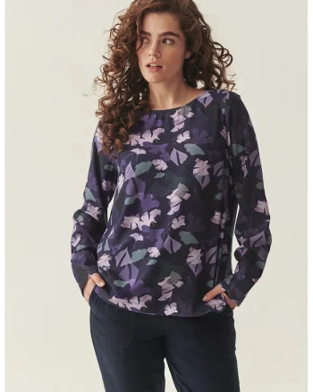 Bluza cu imprimeu si decolteu barcuta, Verde turcoaz/Ametist/Midnight Purple