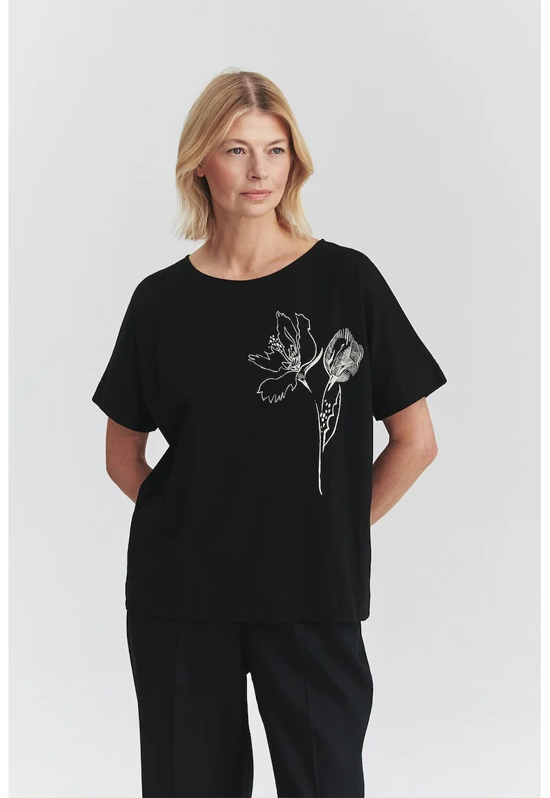 Tricou lejer cu imprimeu floral, Negru