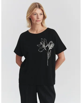 Tricou lejer cu imprimeu floral, Negru