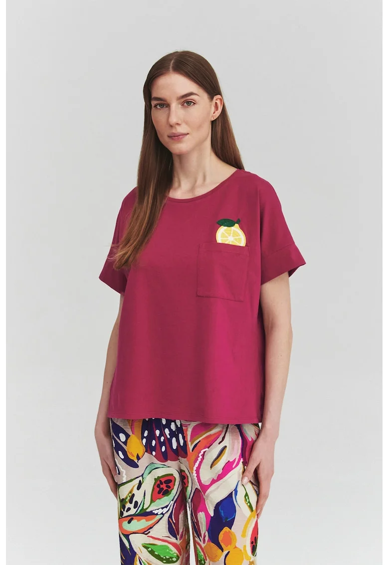 Tricou lejer de bumbac cu buzunar pe piept, Rosu