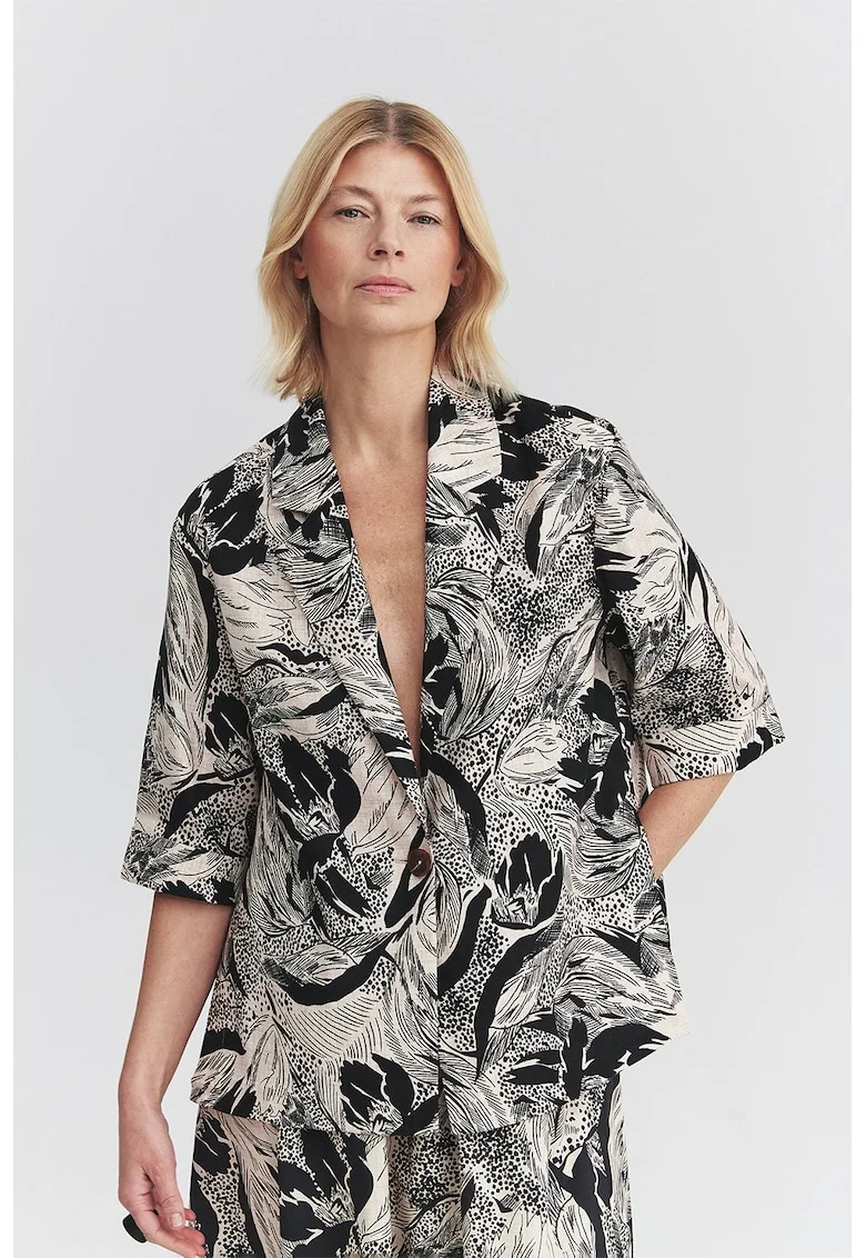 Sacou din amestec de in cu model abstract, Negru/Bej deschis