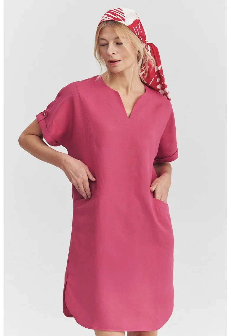 Rochie scurta din amestec de in cu buzunare, Roz zmeuriu