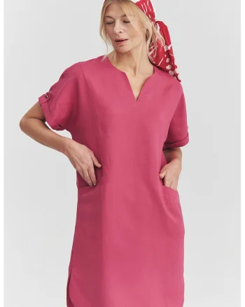 Rochie scurta din amestec de in cu buzunare, Roz zmeuriu