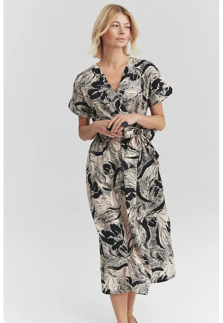 Rochie din bumbac cu croiala petrecuta, Negru/Alb murdar