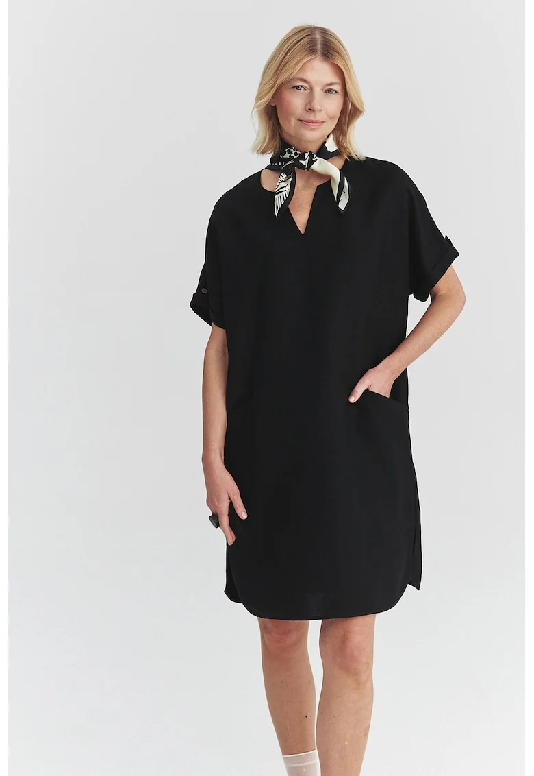 Rochie scurta din amestec de in cu buzunare, Negru