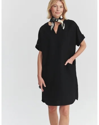 Rochie scurta din amestec de in cu buzunare, Negru