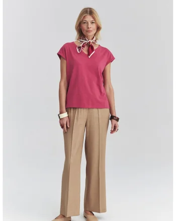 Pantaloni chino din amestec de in cu pensa, Bej