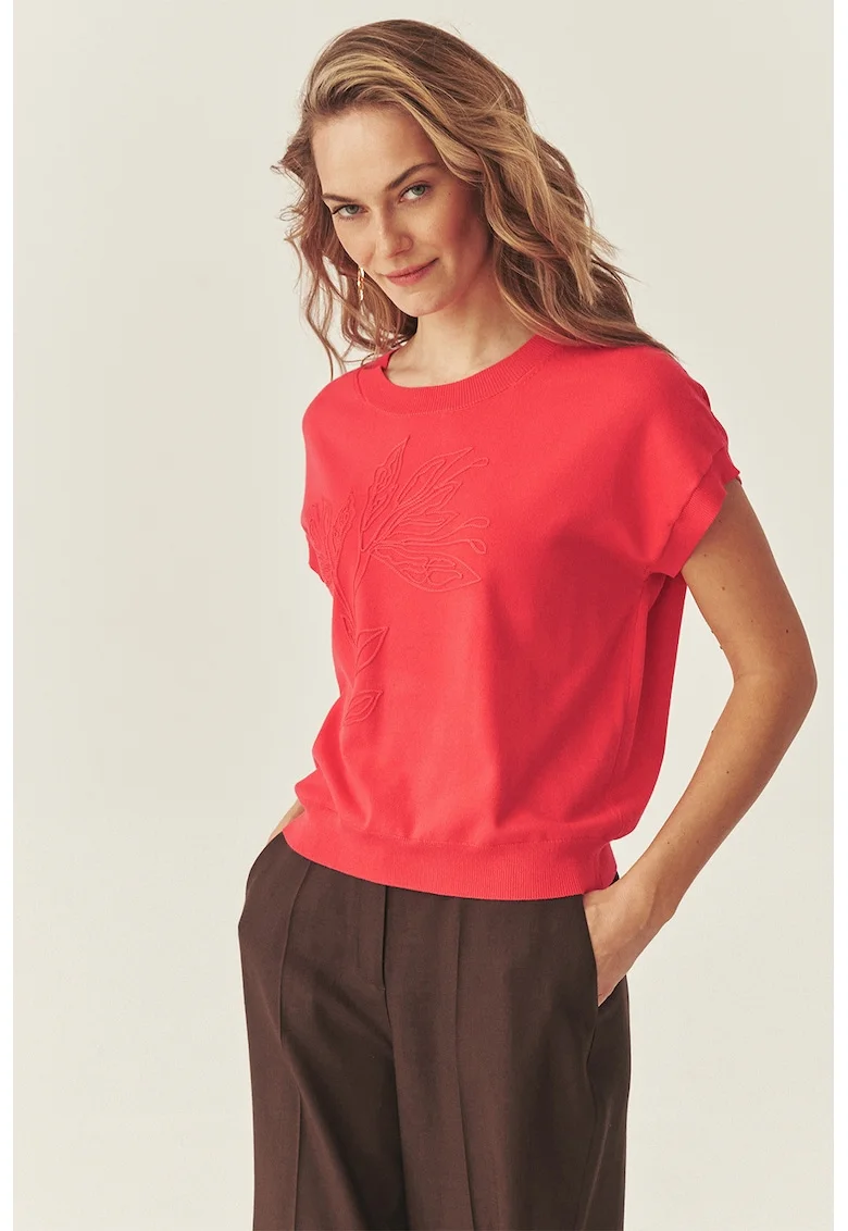 Bluza tricotat din cu maneci scurte si broderie, Coral