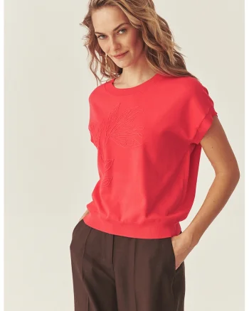 Bluza tricotat din cu maneci scurte si broderie, Coral