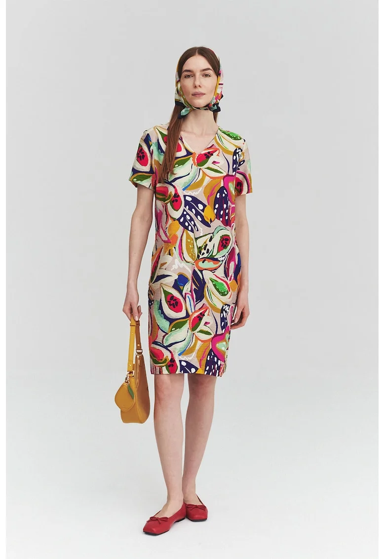 Rochie cu decolteu in V si model abstract, Multicolor