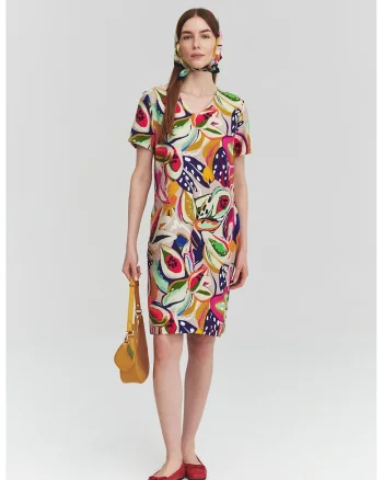 Rochie cu decolteu in V si model abstract, Multicolor