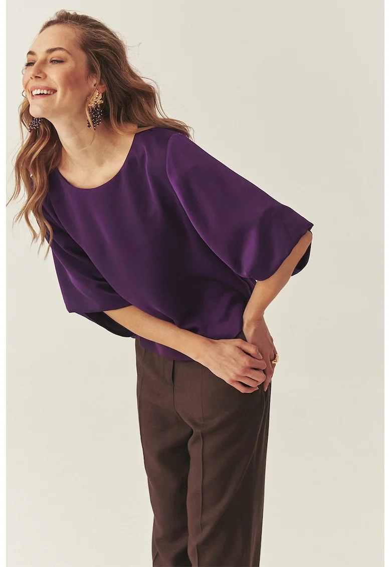 Bluza de satin cu maneci medii, Deep Purple