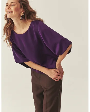 Bluza de satin cu maneci medii, Deep Purple