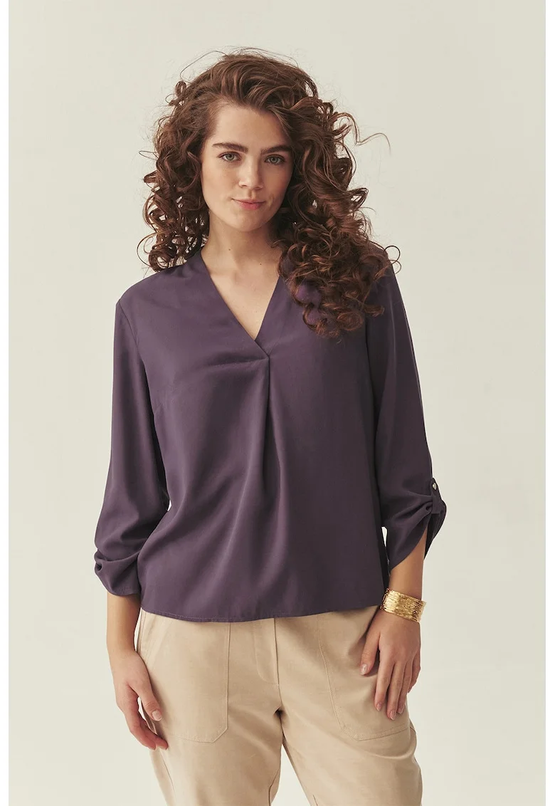 Bluza uni cu decolteu in V, Violet aubergine
