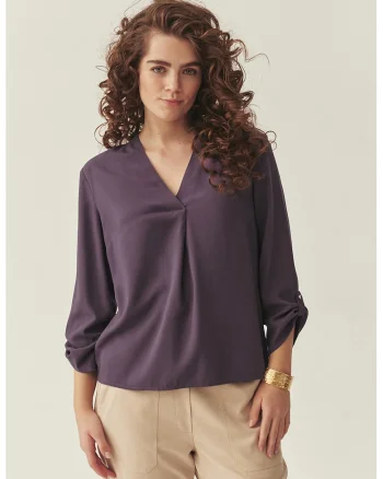 Bluza uni cu decolteu in V, Violet aubergine