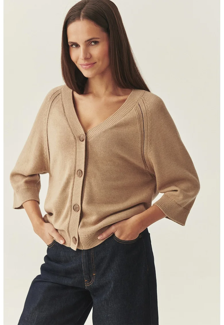 Cardigan cu maneci trei sferturi, Bej inchis/Maro camel
