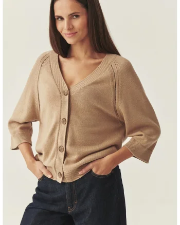 Cardigan cu maneci trei sferturi, Bej inchis/Maro camel
