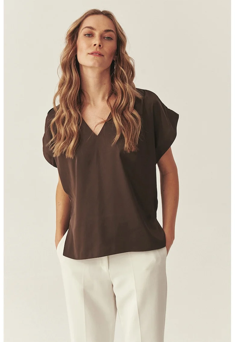 Bluza de satin lejera cu decolteu in V Narie, Maro inchis