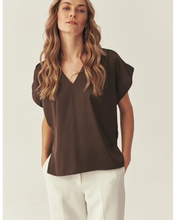 Bluza de satin lejera cu decolteu in V Narie, Maro inchis