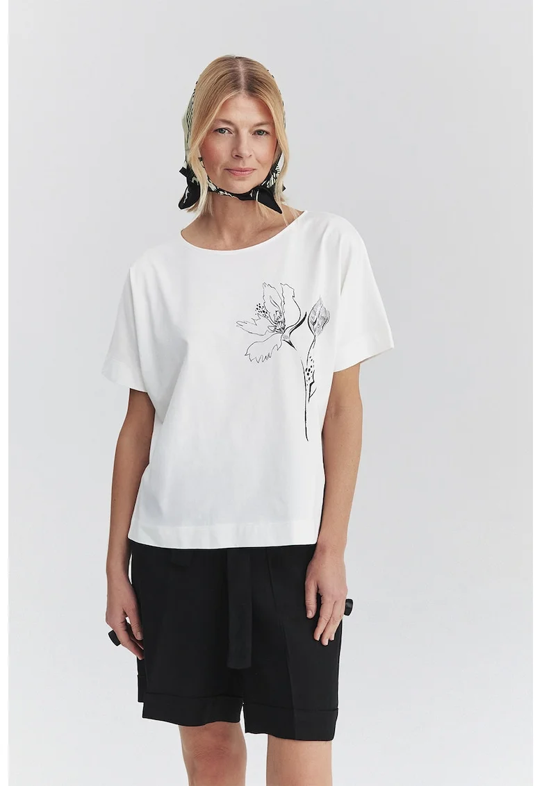 Tricou lejer cu imprimeu floral, Negru stins/Alb optic