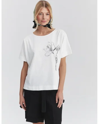 Tricou lejer cu imprimeu floral, Negru stins/Alb optic