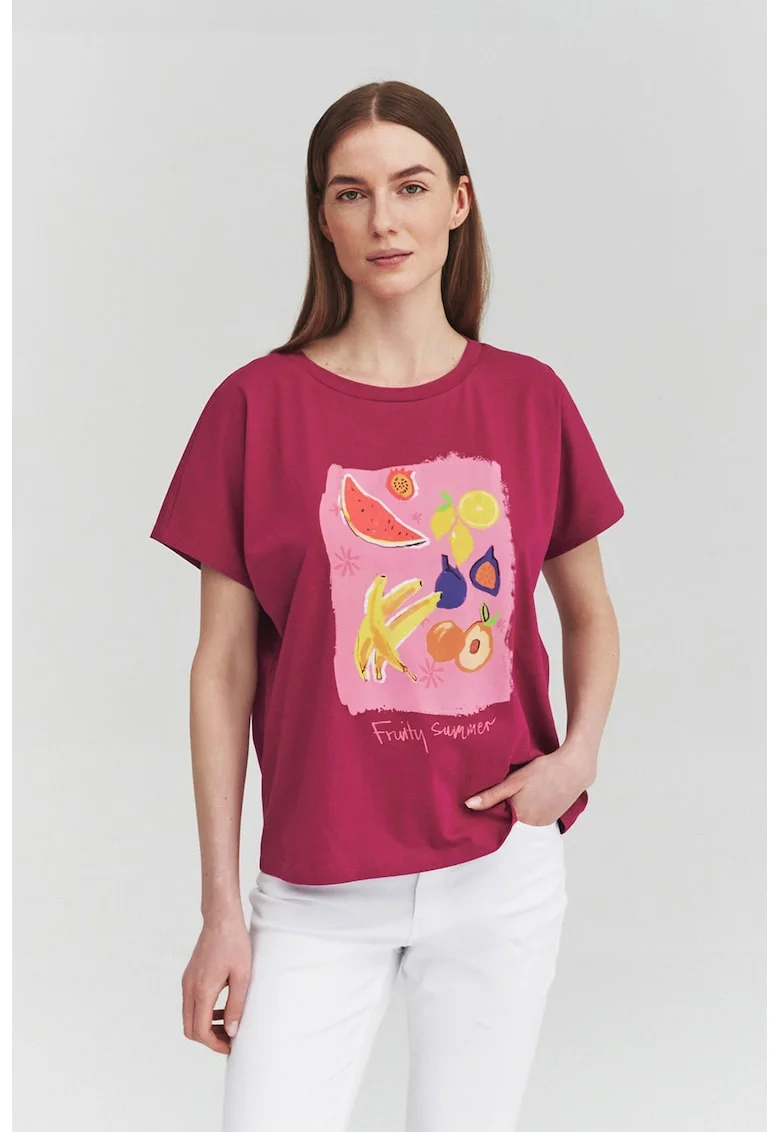 Tricou de bumbac cu decolteu rotund si imprimeu fructat, Rosu/Violet/Galben pal