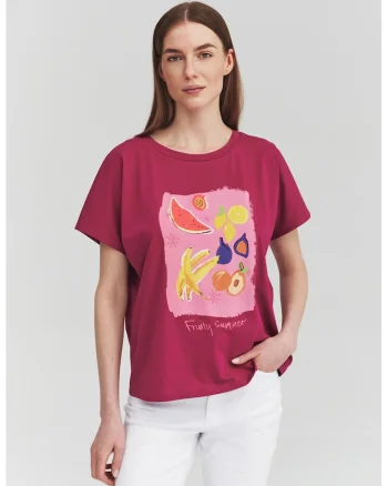 Tricou de bumbac cu decolteu rotund si imprimeu fructat, Rosu/Violet/Galben pal