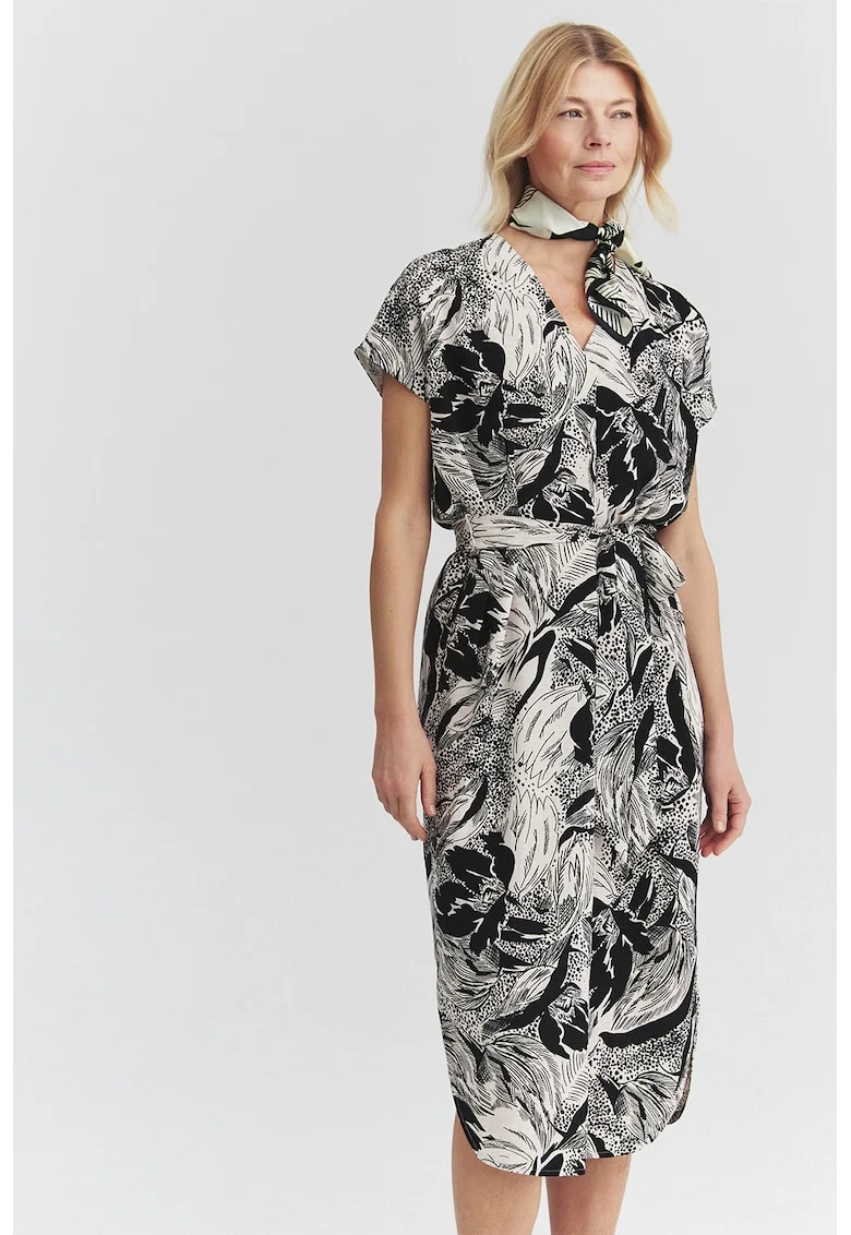 Rochie midi cu decolteu in V, Negru/Alb murdar