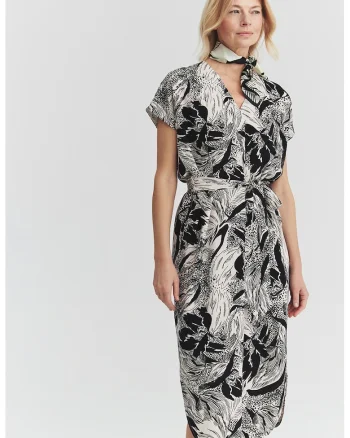 Rochie midi cu decolteu in V, Negru/Alb murdar