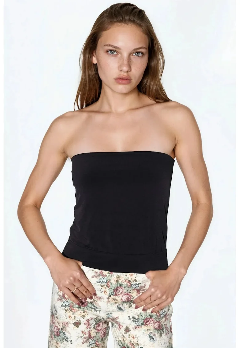 Top scurt,  fara bretele, elastic, negru, bumbac-poliester